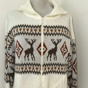 Vintage reindeer holiday Christmas zip up sweater large L ivory cream